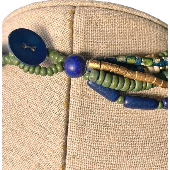 Vintage Womens Statement Necklace Abalone Blue Teal Beaded Wood Jewelry Green - Picture 6 of 8